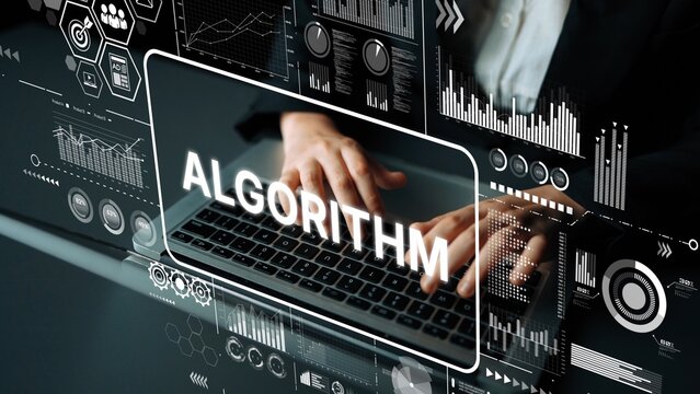 Hands typing on laptop with overlay graphics displaying data analytics concepts such as algorithms and technology in a modern workspace. Asymptotic smart data analytic.