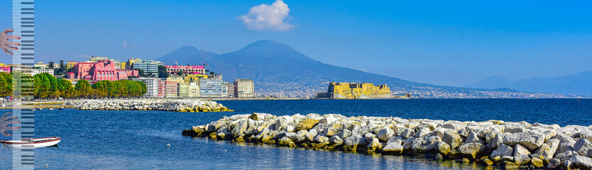 Naples Seafront with Mount Vesuvius and Piano Keys – Artistic Composition Blending Music and Landscape