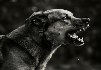 Aggressive Guard Dog Snarling in Black and White. Generative Ai