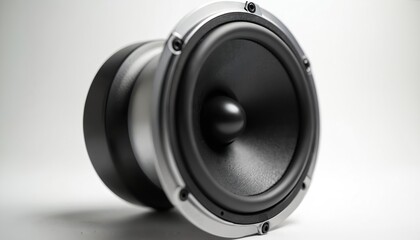 High fidelity speaker on white background. Close up photo of sound speaker with a cone and a metal frame. Modern audio equipment for music reproduction.