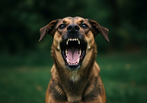 Close-up Portrait of Aggressive Brindle Dog Baring Fangs. Generative Ai