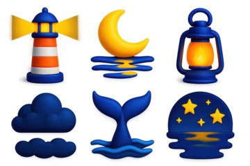 Night Sea Icons. 3D icon set of night at sea: glowing lighthouse, moon reflection, ship lantern, dark cloud, whale tail, starry