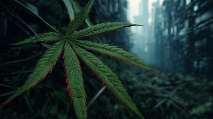 Obraz premium Close-up of a green cannabis leaf with red edges in an overgrown, futuristic urban environment.