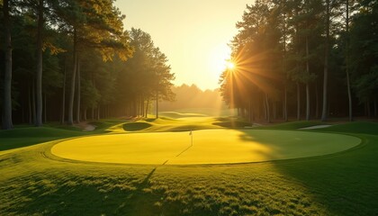 Green golf course with flag pole at sunrise sunset. Golden sun rays shine through tall pine trees. Light illuminates fairway, casting long shadows. Peaceful serene golf sport landscape outdoor
