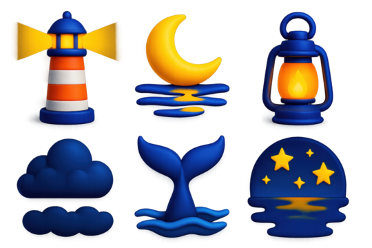 Night Sea Icons. 3D icon set of night at sea: glowing lighthouse, moon reflection, ship lantern, dark cloud, whale tail, starry