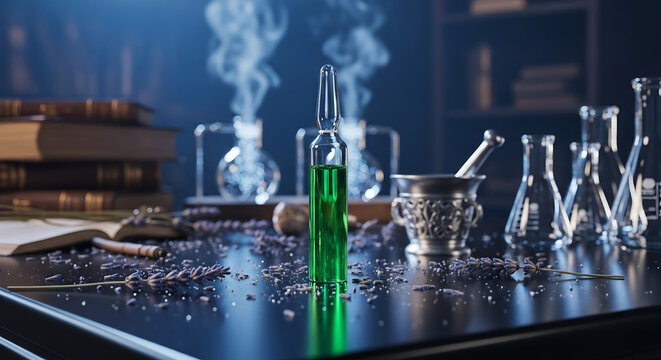 Magical elixir concept. Emerald green potion in vial on a dark background with witchcraft ingredients. Fantasy and Halloween concepts.  Alchemy and potion making.