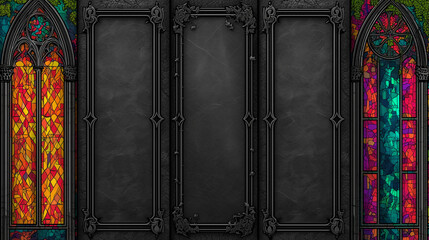 Dark gothic background with ornate black frames and vibrant stained glass windows, ideal for fantasy or medieval themes.