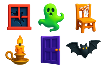 3D Haunted Icon Set. 3D icon set of haunted places: broken window, ghostly mist, cobwebbed chair, candle holder, creaky door, bat.