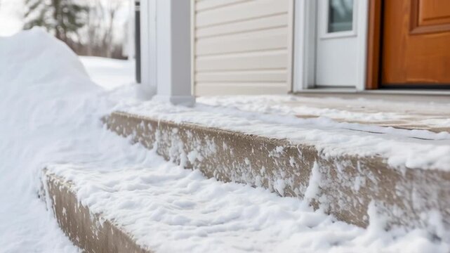 Snow-covered steps leading to a house front door. Slippery and cold concrete stairs after a winter storm. Pan shot of a snowy home entrance