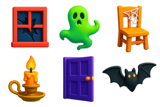 3D Haunted Icon Set. 3D icon set of haunted places: broken window, ghostly mist, cobwebbed chair, candle holder, creaky door, bat.