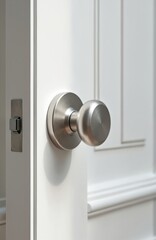 Photo of white door with silver doorknob in an apartment. Metal door handle on white door closeup. Modern interior design element. Detail of entrance.