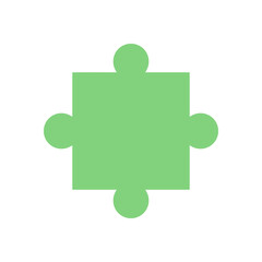 Flat silhouette of a green jigsaw puzzle piece. Isolated graphic of a tile for table games and entertainment. Simple element for toys, boardgames, or playful childhood activities.