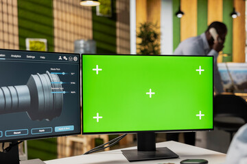 Close up of specialist in office using green screen PC to evaluate turbine environmental impact. Researcher reviews turbine data on mockup computer to save energy and lower costs