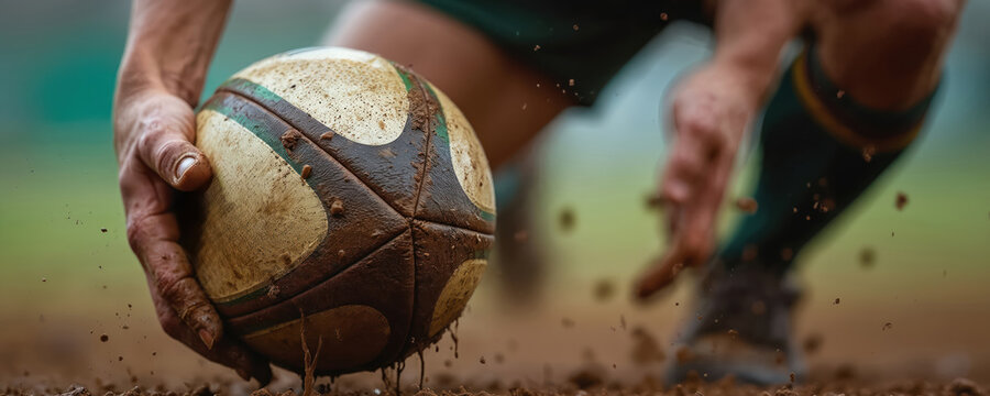 Rugby player grips muddy ball firmly with dirty hand on wet ground. Athlete prepares for intense game action, ready to play hard on field. Sport player shows strength and fierce determination needed.