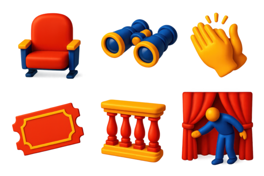 Theater Icon Collection. 3D icon set of performance audience: theater seat, opera glasses, clapping hands, ticket, balcony railing