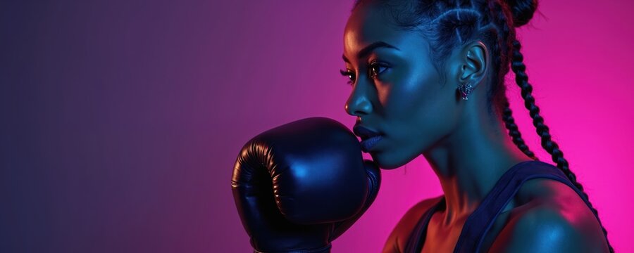 Attractive woman with boxing glove poses with neon purple light. Her hair styled in braids. She looks serious and strong, a confident female ready for action.