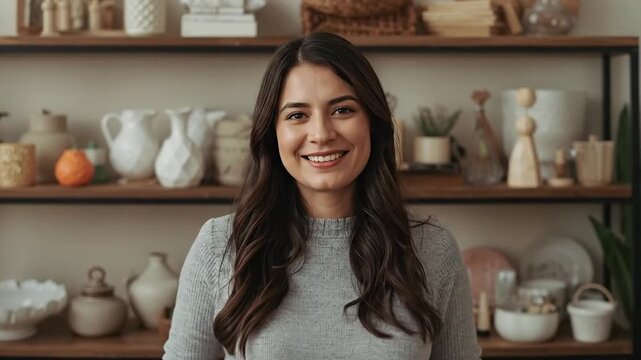 Friendly School Principal Smiling Confidently, Posing Against a Warmly Decorated Office or Home Background