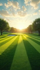 Naklejka premium Green golf course fairway with striped grass pattern. Water hazard and sand bunker visible. Rich trees line the edge of the course. Sun sets casting long shadows.