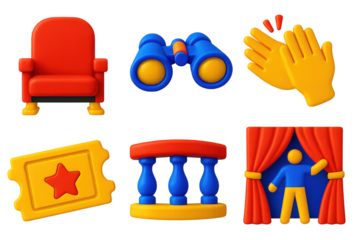 Theater Icon Collection. 3D icon set of performance audience: theater seat, opera glasses, clapping hands, ticket, balcony railing