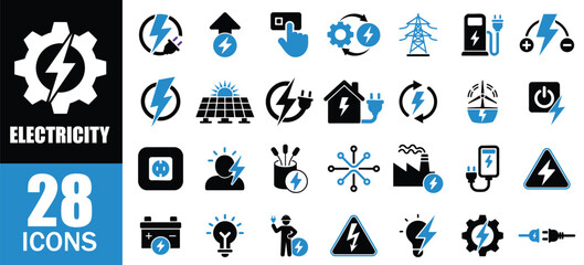 Electricity and Energy Icons Set. power, electric, voltage, current, battery, plug, socket, cable, charge, electric car, renewable and more. solid icons Vector