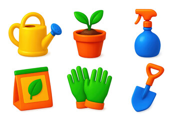 Vibrant Garden Tool Icons. 3D icon set of greenhouse tools: watering can, soil pot, plant mister, seed packet, gardening gloves,