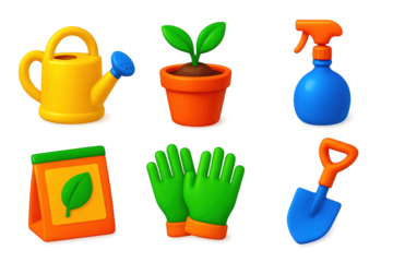 Vibrant Garden Tool Icons. 3D icon set of greenhouse tools: watering can, soil pot, plant mister, seed packet, gardening gloves,