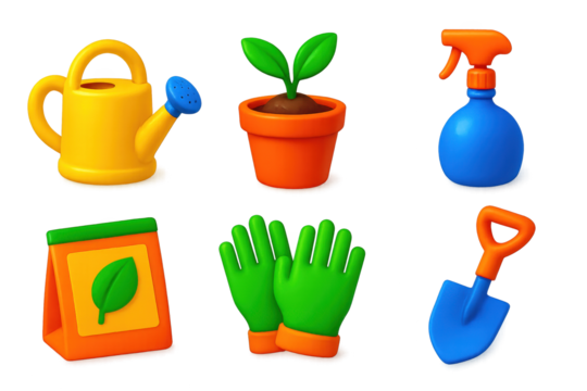 Vibrant Garden Tool Icons. 3D icon set of greenhouse tools: watering can, soil pot, plant mister, seed packet, gardening gloves,