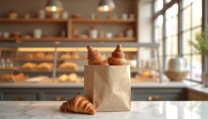 Golden croissants in paper bag on marble table. Bakery interior with display shelves filled with baked goods. Fresh pastries sit near window.