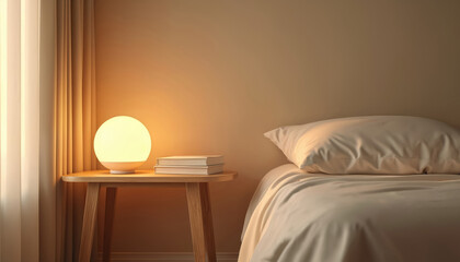 Cozy bedroom has warm glowing lamp on wooden nightstand. Books are on table next to soft bed with pillow. This room feels calm and peaceful for rest or sleep at night. Interior is simple.
