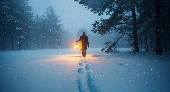 Person walking in snowy woods holding a lantern. A captivating view evoking a sense of mystery. Journey of discovery, winter wonderland, tranquil escape.