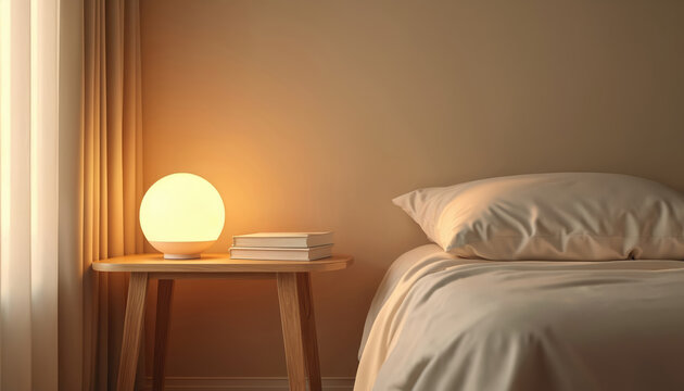 Cozy bedroom has warm glowing lamp on wooden nightstand. Books are on table next to soft bed with pillow. This room feels calm and peaceful for rest or sleep at night. Interior is simple.