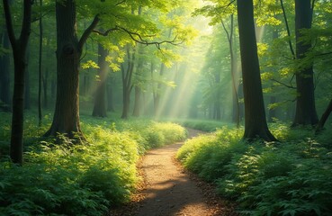 Obraz premium Sunlight streams through green forest trees onto a winding dirt path. Lush ferns border the trail as it curves through a tranquil woodland scene. Peaceful nature walk in a natural setting.