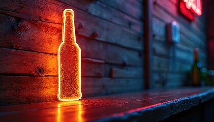 Glowing beer bottle neon sign illuminates bar setting. Modern cool pub, night life in club. Alcoholic beverage light in retro bar. Relaxing lounge and clubbing vibe in hipster place for friends.