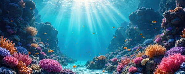 Obraz premium Colorful coral reef teems with small fish in clear blue ocean water. Sun rays shine through surface, illuminating sandy seabed, diverse marine life. Underwater world shows vibrant natural beauty,