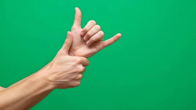 Male hands form shaka sign shadow puppet. Young man create hand turkey on green screen. Fun creative game concept video footage.