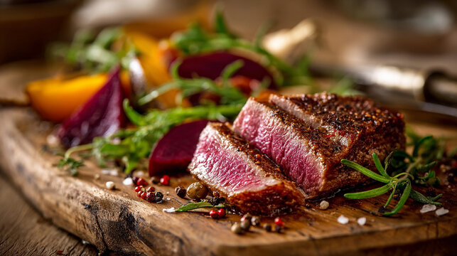 Juicy steak with vibrant vegetables on a rustic wooden board
