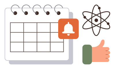Calendar with grid layout, bell icon highlighting reminder, atom for innovation, thumbs-up for approval. Ideal for science, planning, education, organization, productivity time management