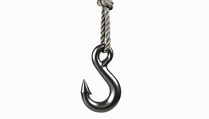 Shiny metal hook hangs from thick rope against white backdrop. This industrial object has a sharp point and sturdy loop for secure fastening. Useful for maritime, construction, and DIY projects.