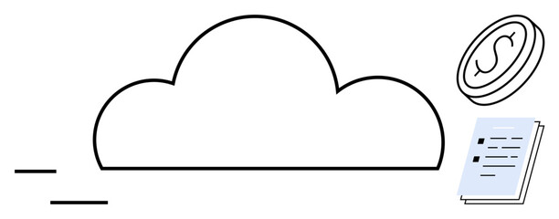 Cloud outline connecting document and coin to represent online storage, finance, and data sharing. Ideal for technology, economy, cloud storage, digital finance, innovation, software business