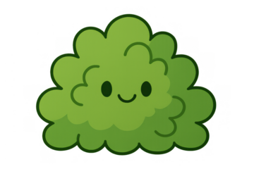 Green smiling bush cartoon character depicting a happy plant and nature concept, isolated with a transparent background