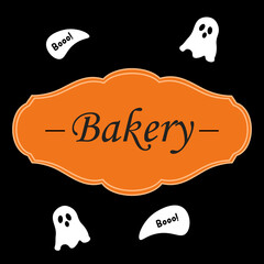Halloween Bakery Label with Ghosts and &ldquo;Boo&rdquo; Text on Black Background