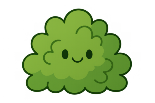 Green smiling bush cartoon character depicting a happy plant and nature concept, isolated with a transparent background