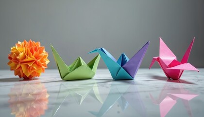 Colorful paper origami art. Three folded cranes, one modular sphere on reflective table. Bright pink, blue, purple, green, orange paper craft figures reflect on surface. Creative handmade display