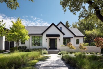 Modern residential home with landscaped garden showcasing greenery and clear blue sky during daylight in a peaceful neighborhood
