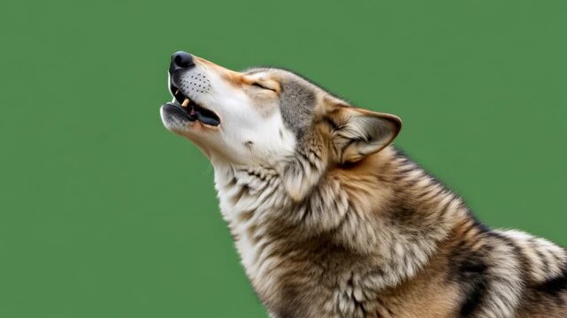 Gray wolf howling progression with closed eyes on green screen. Animal communication sequence for educational or wild nature content.