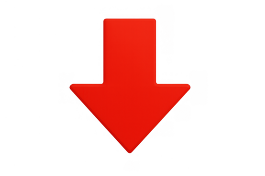 Red arrow pointing down symbolizing direction, download, decrease, and important information, transparent background