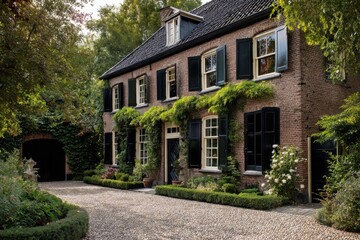 A delightful brick house nestled amidst lush green trees and a colorful array of vibrant flowers, creating a peaceful garden oasis on a bright, sunny afternoon