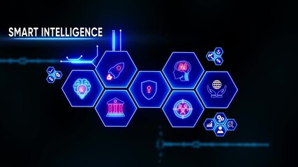 Smart intelligence network connecting innovation growth security global reach and A I powered decision making with futuristic neon hexagon icons on dark background for