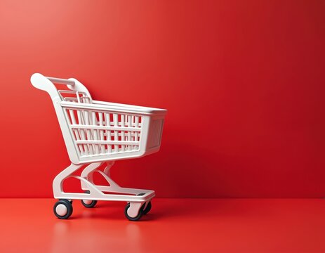 Empty white shopping cart stands against red backdrop. Minimalist shot of market trolley. Object represents consumerism retail grocery business, purchase. Good for banners promo flyers advert