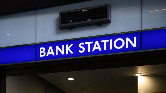 London, UK - August 20, 2025; Blue and white sign at entrance to Bank Station on London Underground